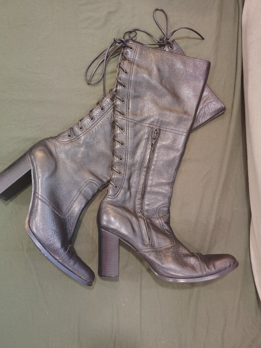 Vintage black leather zip up knee length boots
